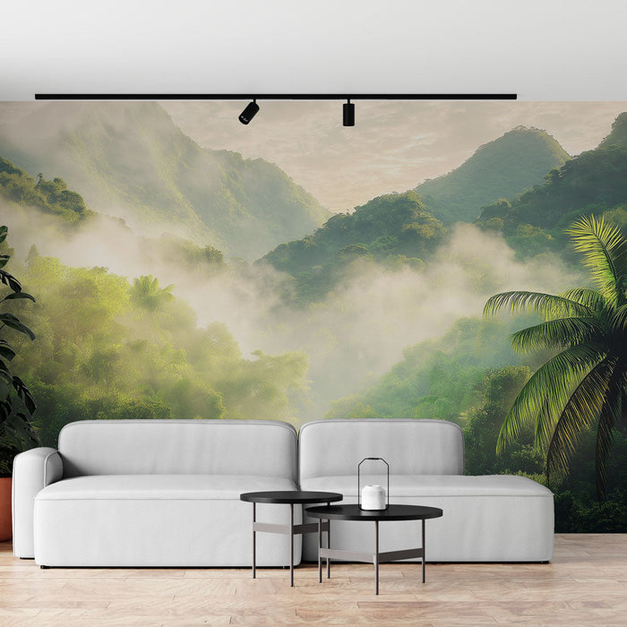 Papel de parede floresta tropical | Paisagem de montanha enevoada com vegetação exuberante