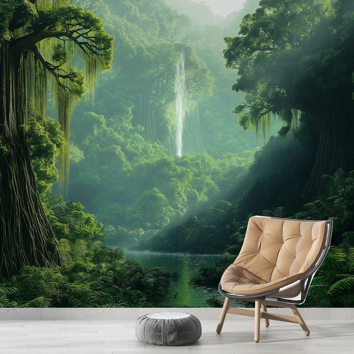 Fototapet tropisk skov | Frodig landskab med vandfald og blødt lys