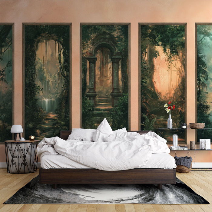 Papel de parede floresta tropical | Paisagens encantadoras com ruínas e luz suave