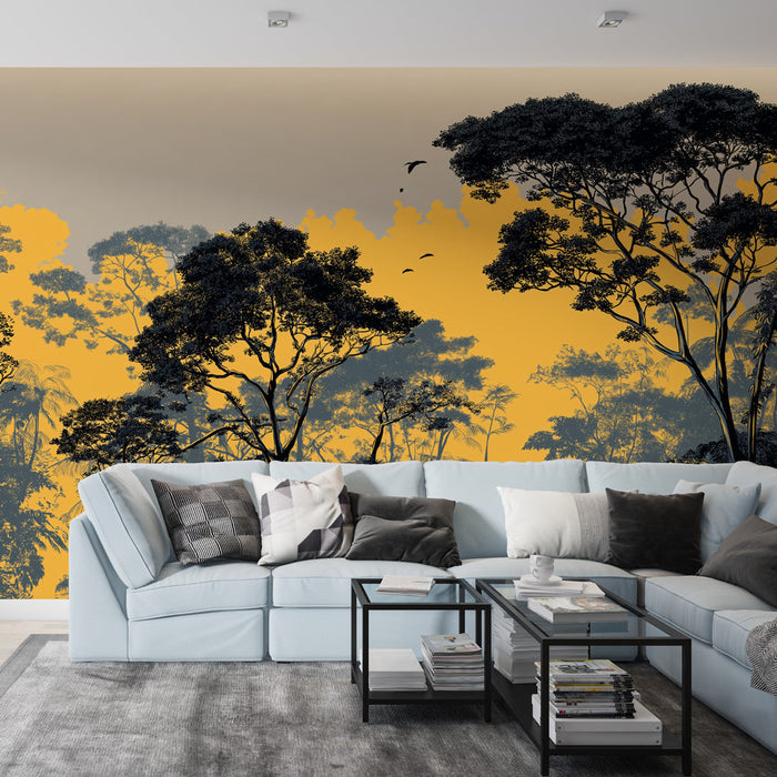 Fotótapé trópusi erdő | Fekete és arany fa sziluettek puha háttéren