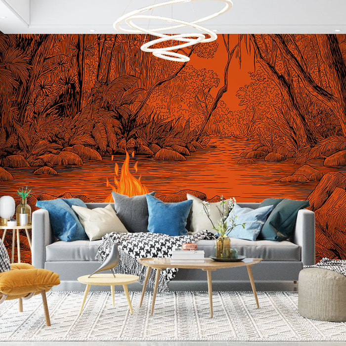 Duvar kağıdı tropikal orman | Su kenarında bir kamp ateşi ile sıcak bir sahne