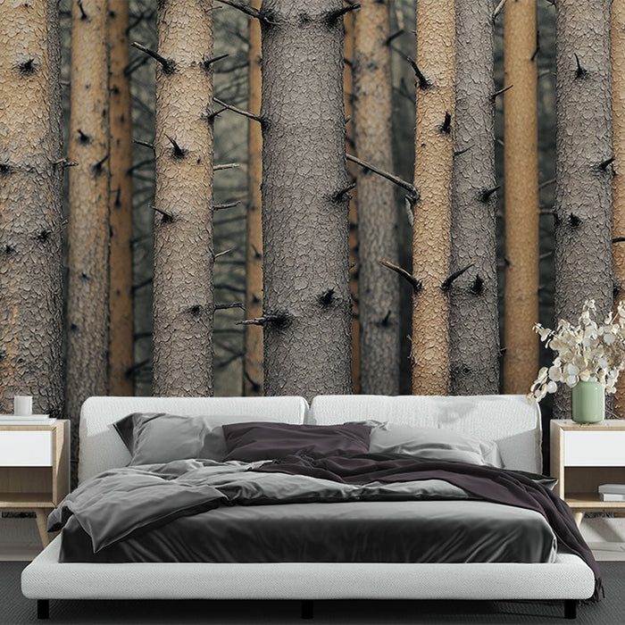 Fototapet orman | Gri ve bej tonlarında ağaç gövdeleri.