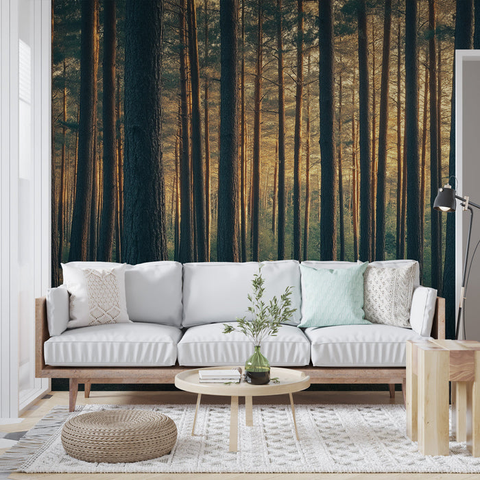 Fototapet skog | En rolig atmosfære med majestetiske trær ved solnedgang