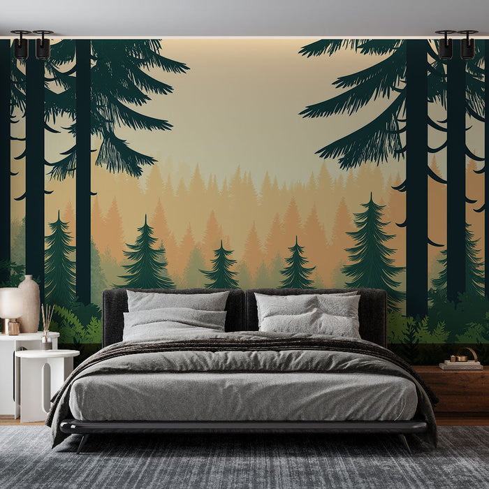 Tapeta bujný les | Majestátní stromy a uklidňující mlha