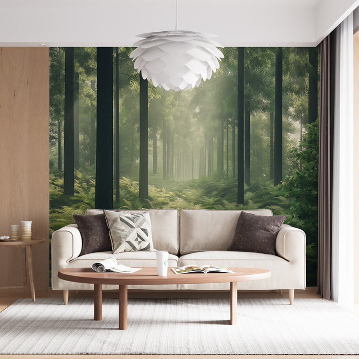 Papel de parede floresta exuberante | Um sub-bosque brilhante com samambaias e árvores majestosas