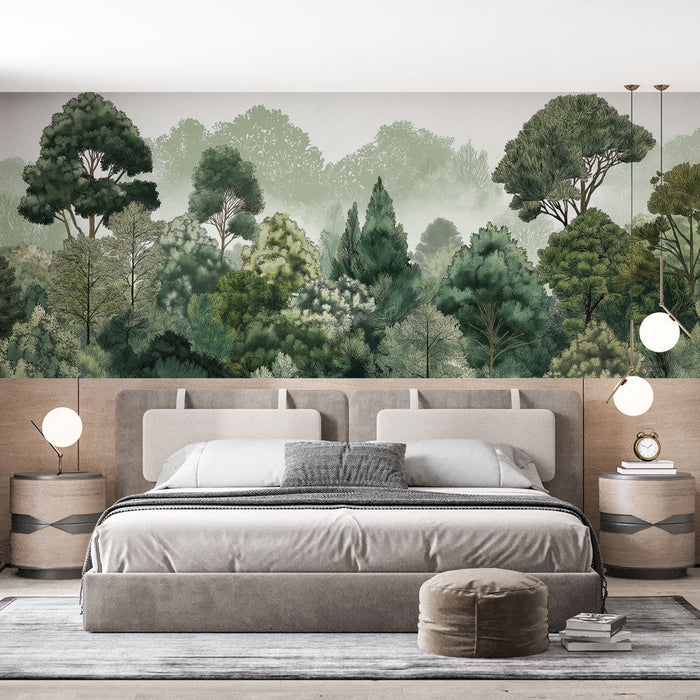 Papel pintado bosque verde | Una exuberancia de follaje verde en una suave niebla