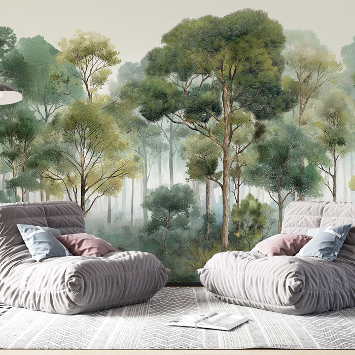 Fototapet yeşil orman | Uzun ağaçlar ve narin sisin sakinleştirici manzarası