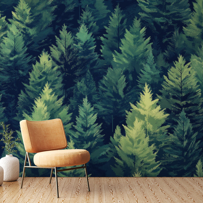 Mural Wallpaper green forest | A dense landscape of conifers in soothing shades