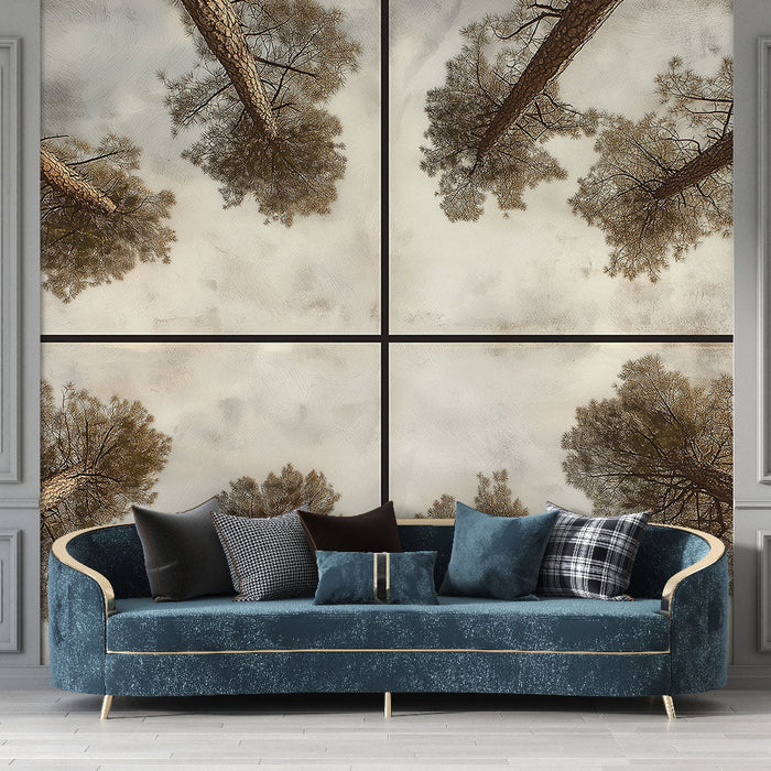 Tapeta lesního výhledu z půdy | Poutavý panorama jehličnanů pod oblačnou oblohou