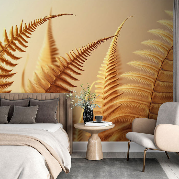 Papel de parede mural folha dourada | Elegância natural com padrões estilizados de folhas de samambaia