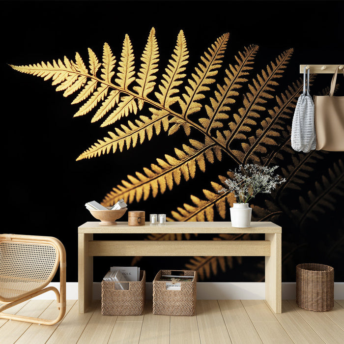 Golden fern Mural Wallpaper | Delicate texture on black background