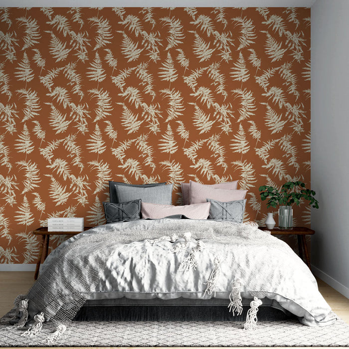 Tapeta z paproci | Białe paprocie na ceglastym tle