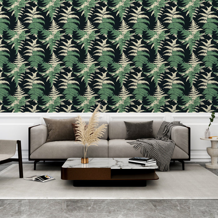 Mural Wallpaper ferns | Green and cream fern pattern on a black background