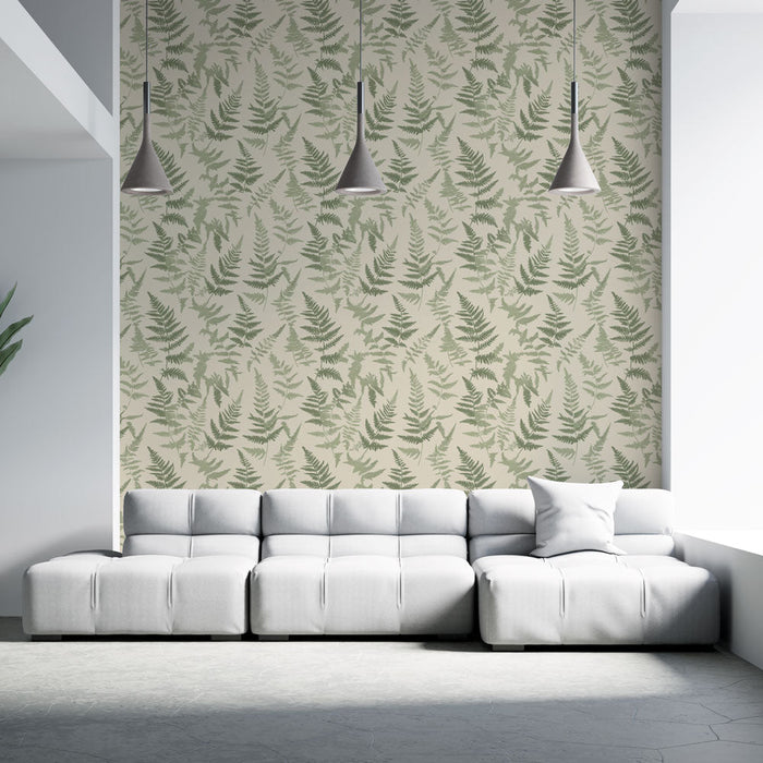Tapeta kapradí | Jemný vzor zelených kapradin na krémovém pozadí