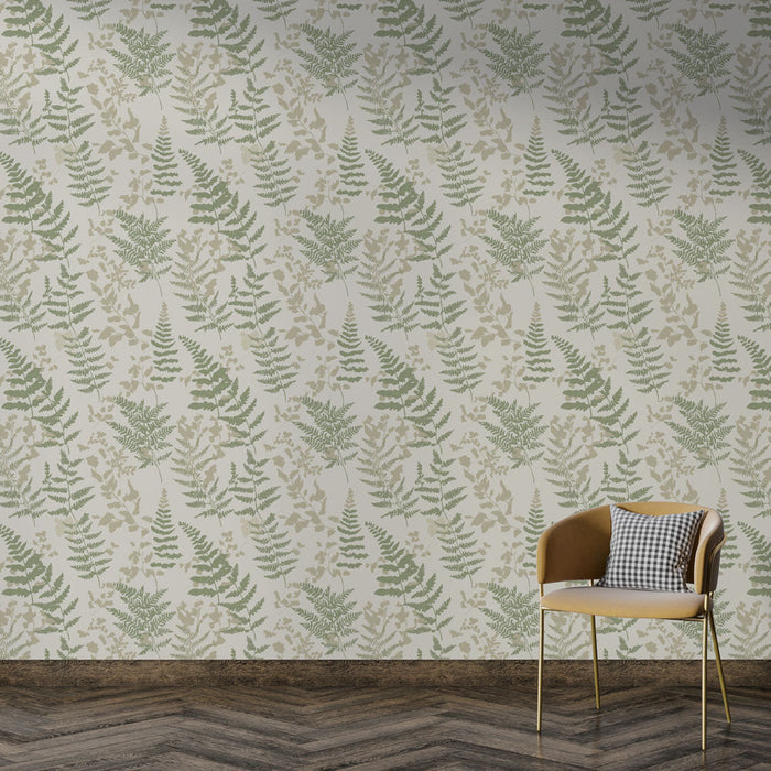 Ferns Fototapet | Krem arka plan üzerinde yeşil eğreltiotu zarif desenleri