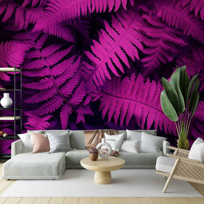 Mural Wallpaper pink ferns | Vibrant leaves on dark background