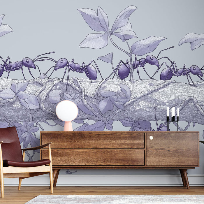 Tapete мравки | Деликатен модел, изобразяващ мравки на клон с листа