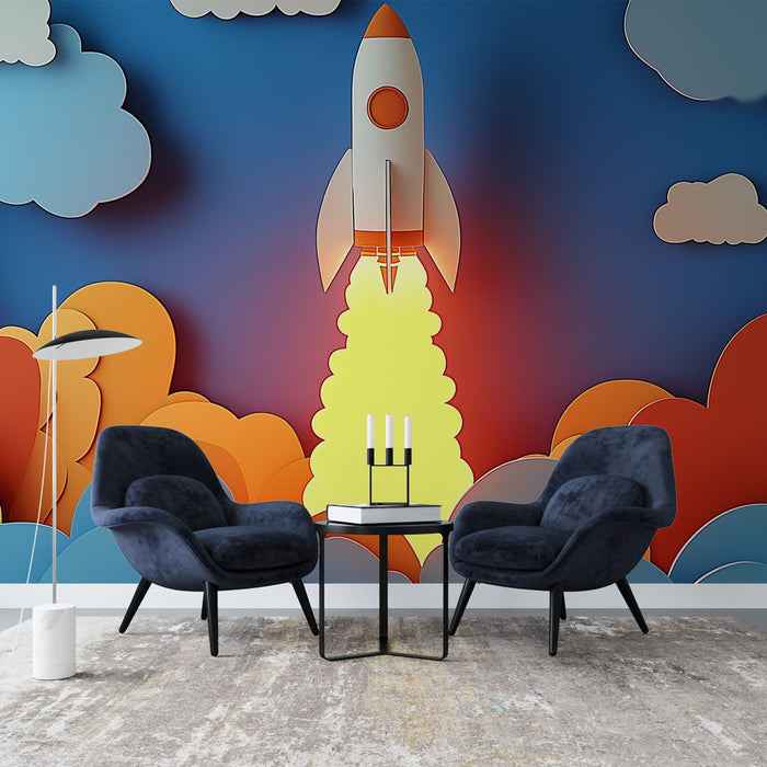 Papel de parede foguete | Decolagem divertida em meio a nuvens coloridas