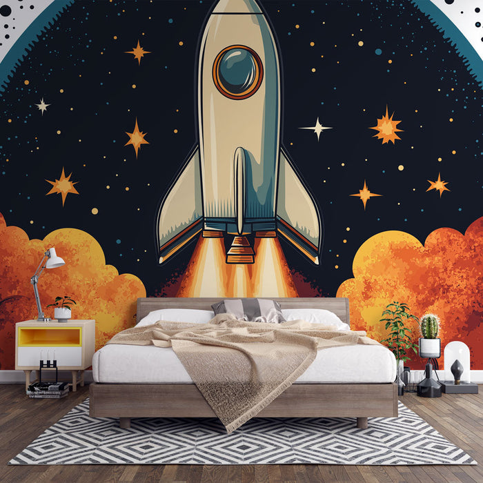 Mural Wallpaper Rocket | Space Launch with Clouds of Flames and Twinkling Stars