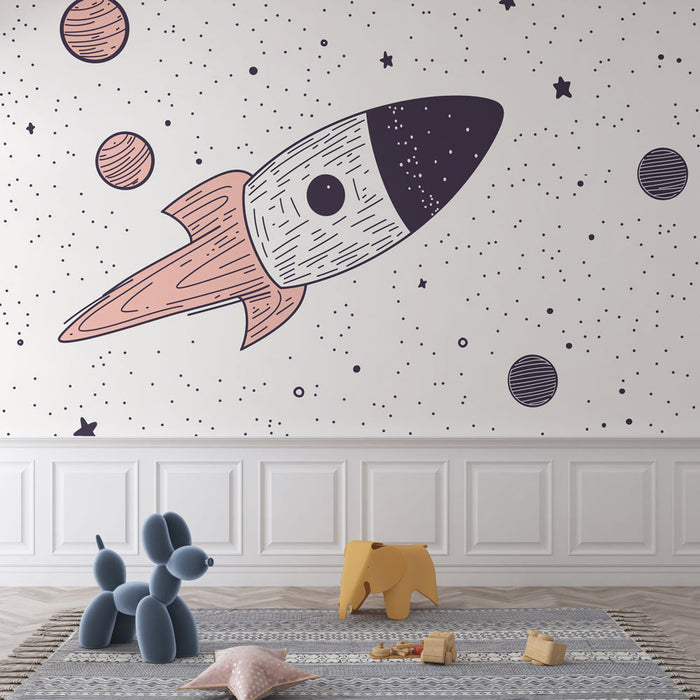 Papel de parede de foguete | Design colorido de foguete no espaço com planetas