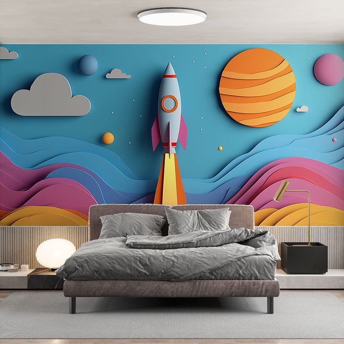 Papel pintado cohete | Diseño colorido y divertido con cielo estrellado