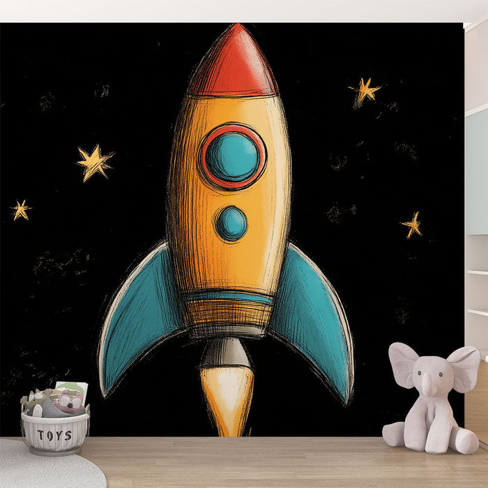 Papel pintado cohete | Diseño ilustrado de cohete colorido en el espacio estrellado