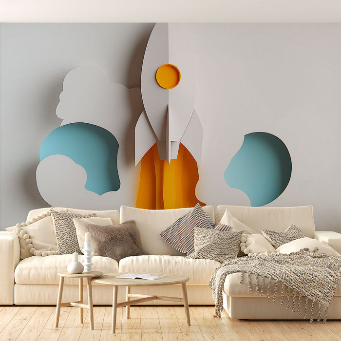 Mural Wallpaper rocket | Modern embossed design with white rocket and colorful clouds