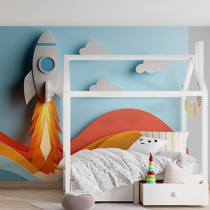 Тапет ракета | Ракета на хартия с цветни облаци и вълни