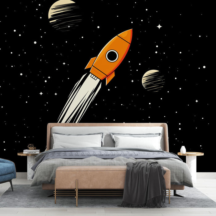 Papel de parede de foguete | Foguete laranja subindo no espaço estrelado