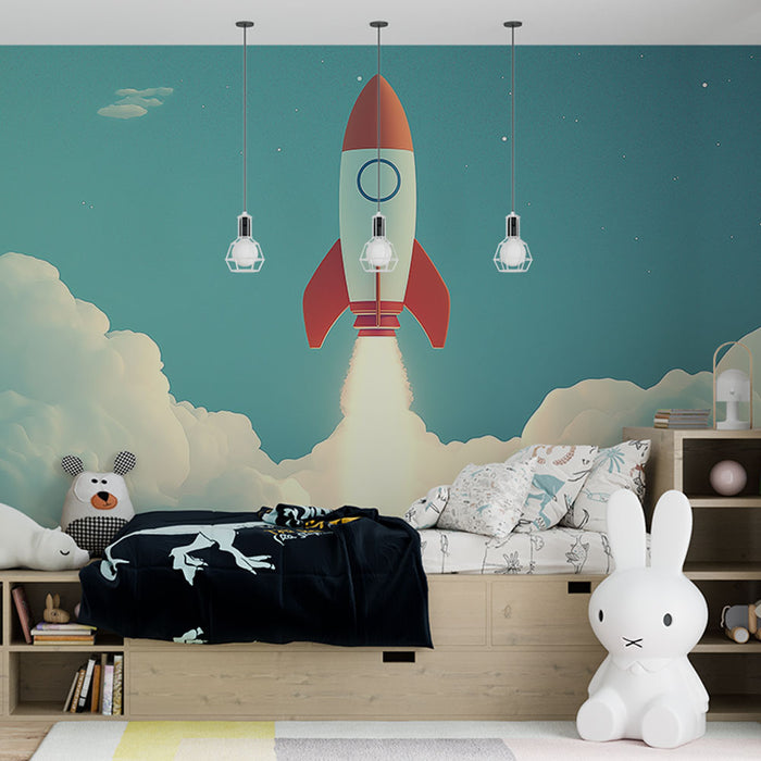 Mural Wallpaper rocket | Red and white rocket rising among the clouds