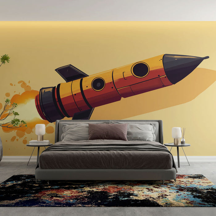 Papel pintado cohete | Cohete estilizado con colores brillantes y un efecto de llama