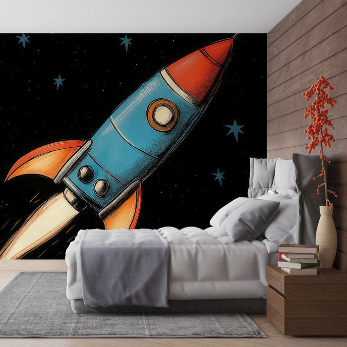 Papel pintado cohete | Cohete estilizado en el espacio negro estrellado