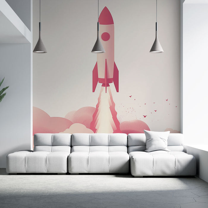 Muraaltapeet rakett | Stiiliseeritud rakett tõusmas roosadesse pilvedesse