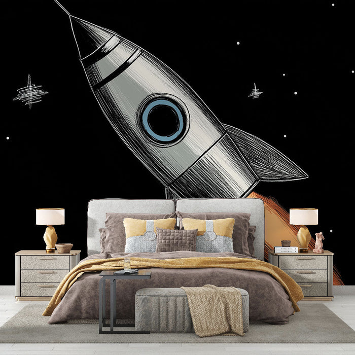 Mural Wallpaper rocket | Vintage rocket soaring into the starry space
