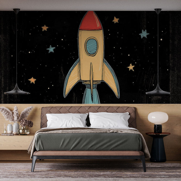 Papel de parede mural foguete | Ilustração colorida de um foguete no espaço