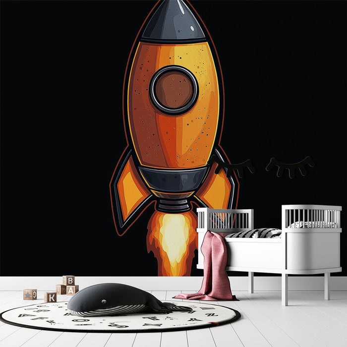 Tapete Rakete | Bunte Illustration einer Rakete auf schwarzem Hintergrund