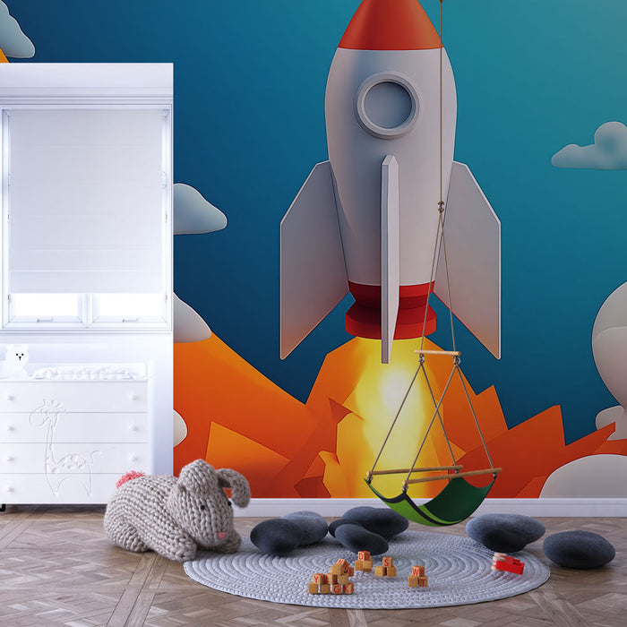 Mural Wallpaper raketa | Ilustracija rakete koja polijeće u šarenom nebu