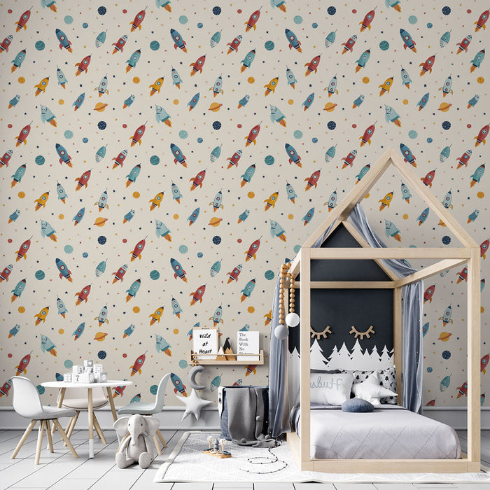 Fototapet roket | Uzayda renkli roketler ve gezegenlerin desenleri