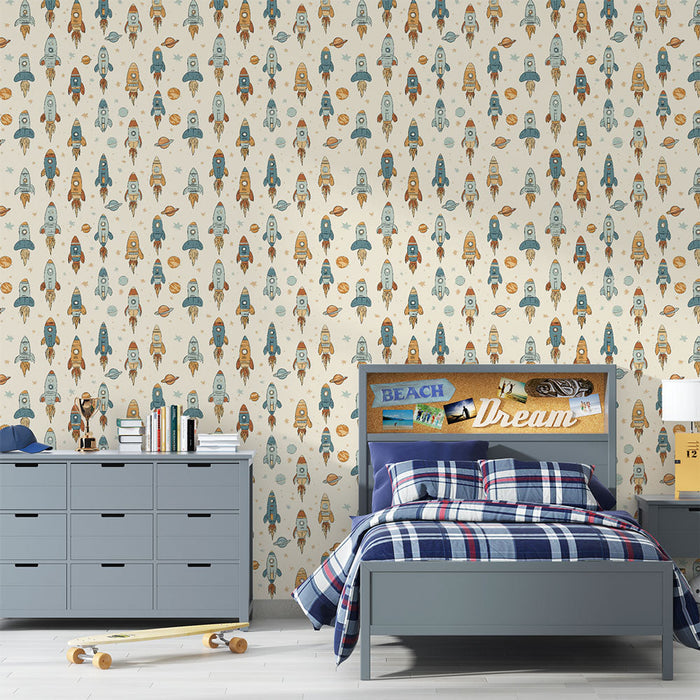 Mural Wallpaper rockets | Playful pattern with space rockets and planets