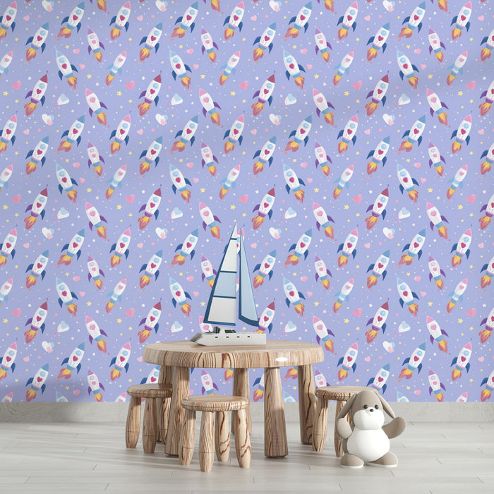 Tapetti rockets | leikkisä kuvio värikkäistä raketeista violetilla taustalla