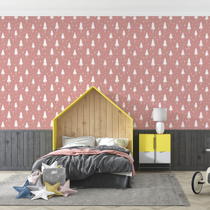 Mural Wallpaper rockets | Playful pattern of small white rockets on a pink background