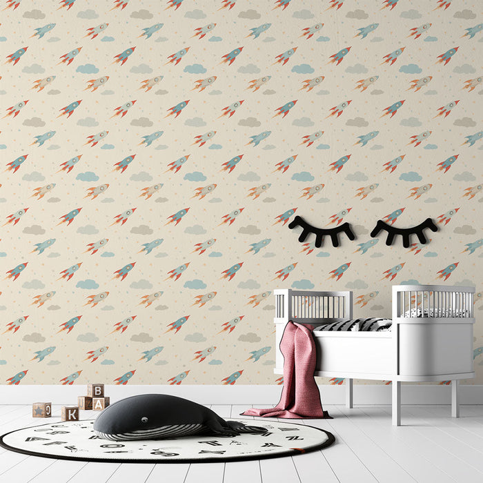 Mural Wallpaper rockets | Colorful rocket patterns and clouds in a soft sky