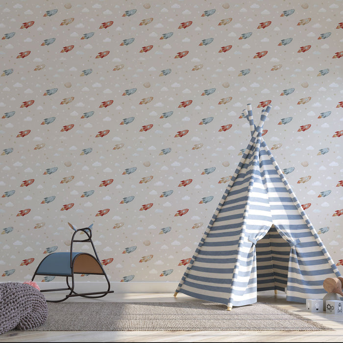 Tapetti raketti | Värikkäitä rakettikuvioita beigeä taustaa vasten