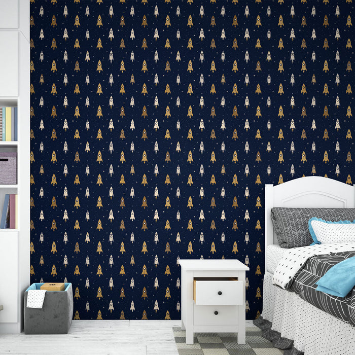 Mural Wallpaper rockets | Colored rocket patterns on a midnight blue background