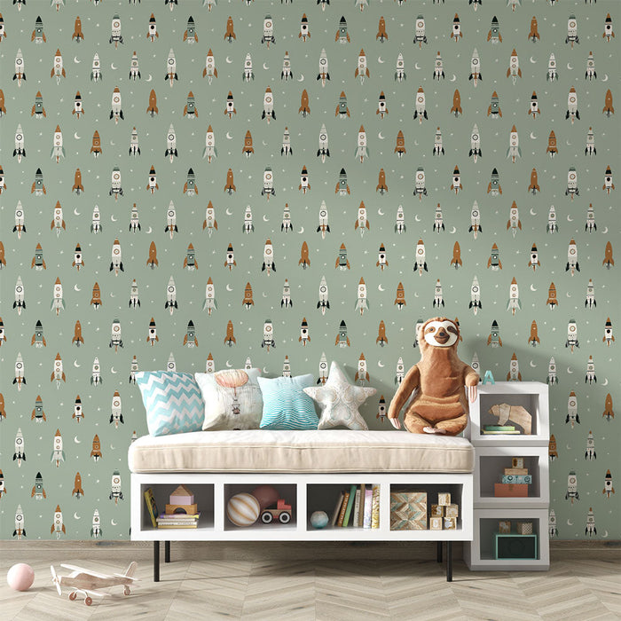 Carta da parati con razzi | Modelli giocosi di razzi e stelle su uno sfondo morbido