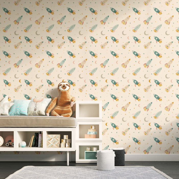 Wallpaper rockets | Playful patterns of rockets and moons on a soft background