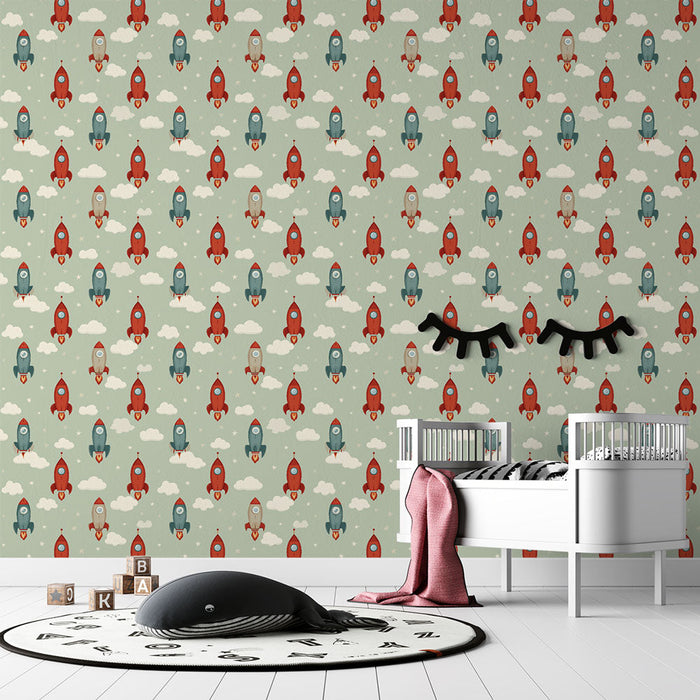 Mural Wallpaper rockets | A playful pattern of colorful rockets in a sky of clouds