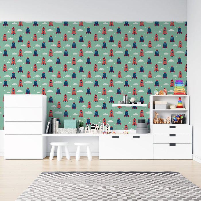 Mural Wallpaper rockets | A playful pattern of colorful rockets and clouds