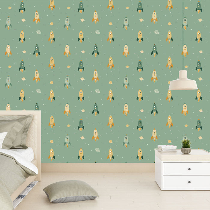 Tapete fusées | Ένα παιχνιδιάρικο μοτίβο πολύχρωμων πυραύλων σε ανοιχτό παστέλ πράσινο φόντο