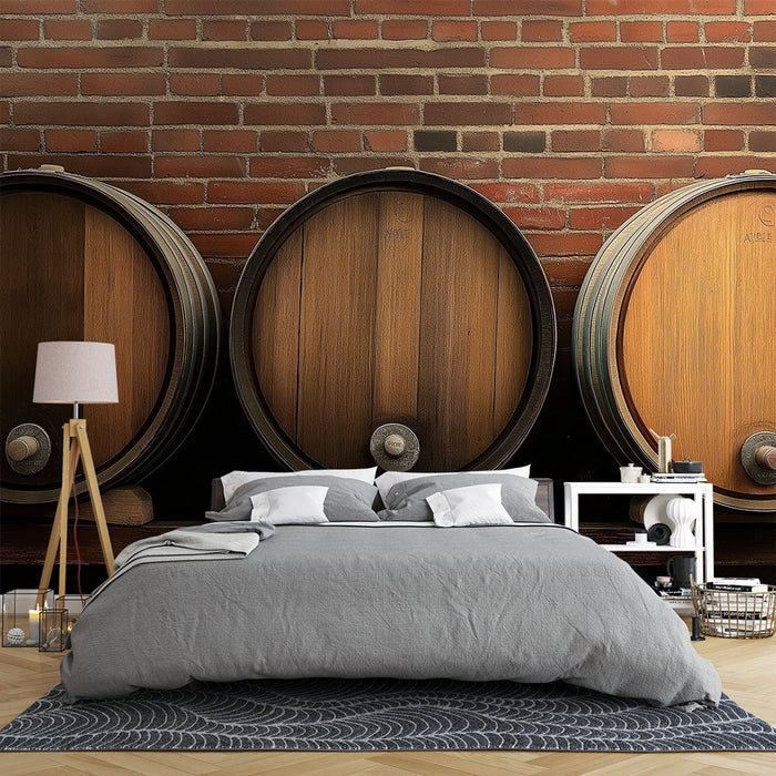 Tapeta vinska bačva | Tople drvene bačve na pozadini od crvene cigle